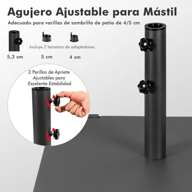 Base para guarda-sol de jardim, 22,5 kg, quadrada, 60 cm, com adaptadores de 4 cm e 5 cm, 2 puxadores, 2 rodas, alça resistente às intempéries, preta