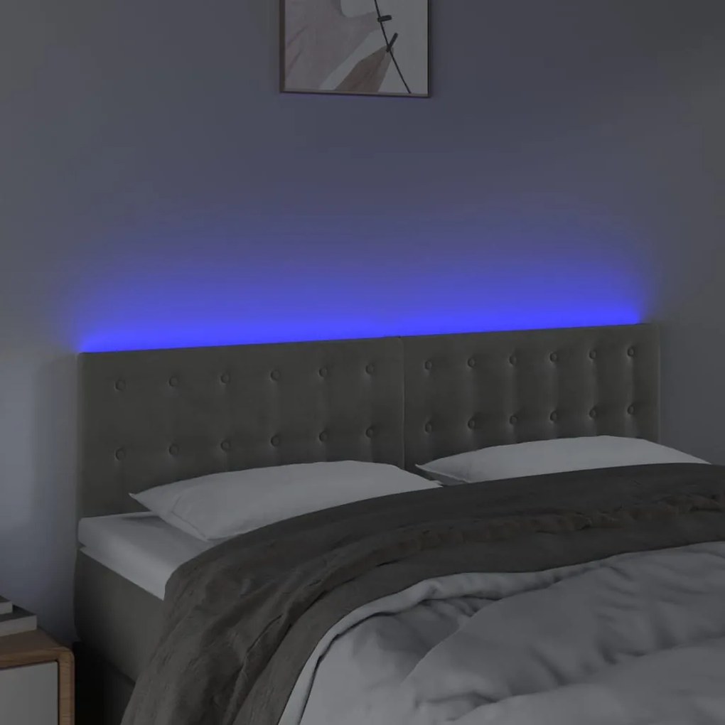 Cabeceira de cama c/luzes LED veludo 144x5x78/88 cm cinza-claro