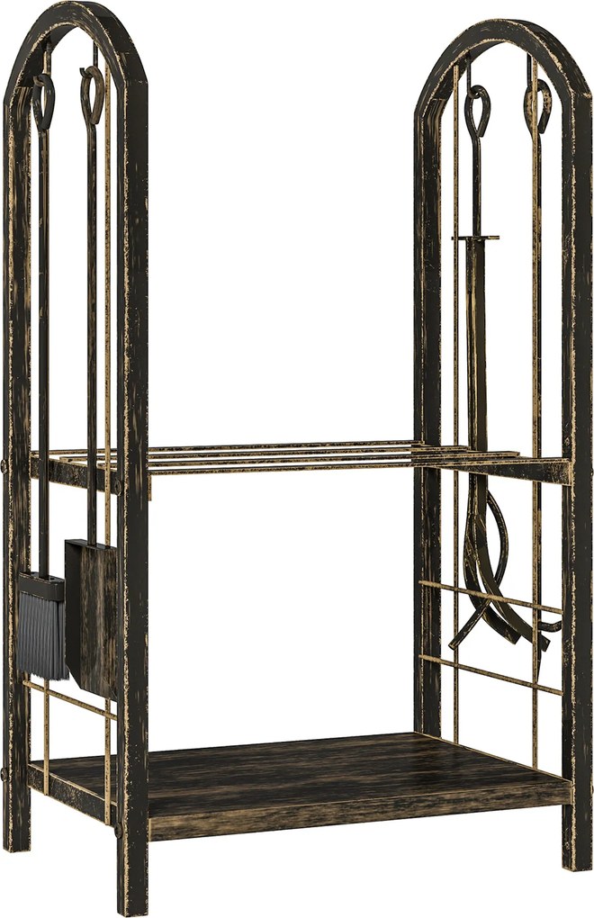 Porta-Lenha Metálico de 2 Níveis com 4 Ferramentas para Lareira e Ganchos 43x30x74 cm Castanho Escuro