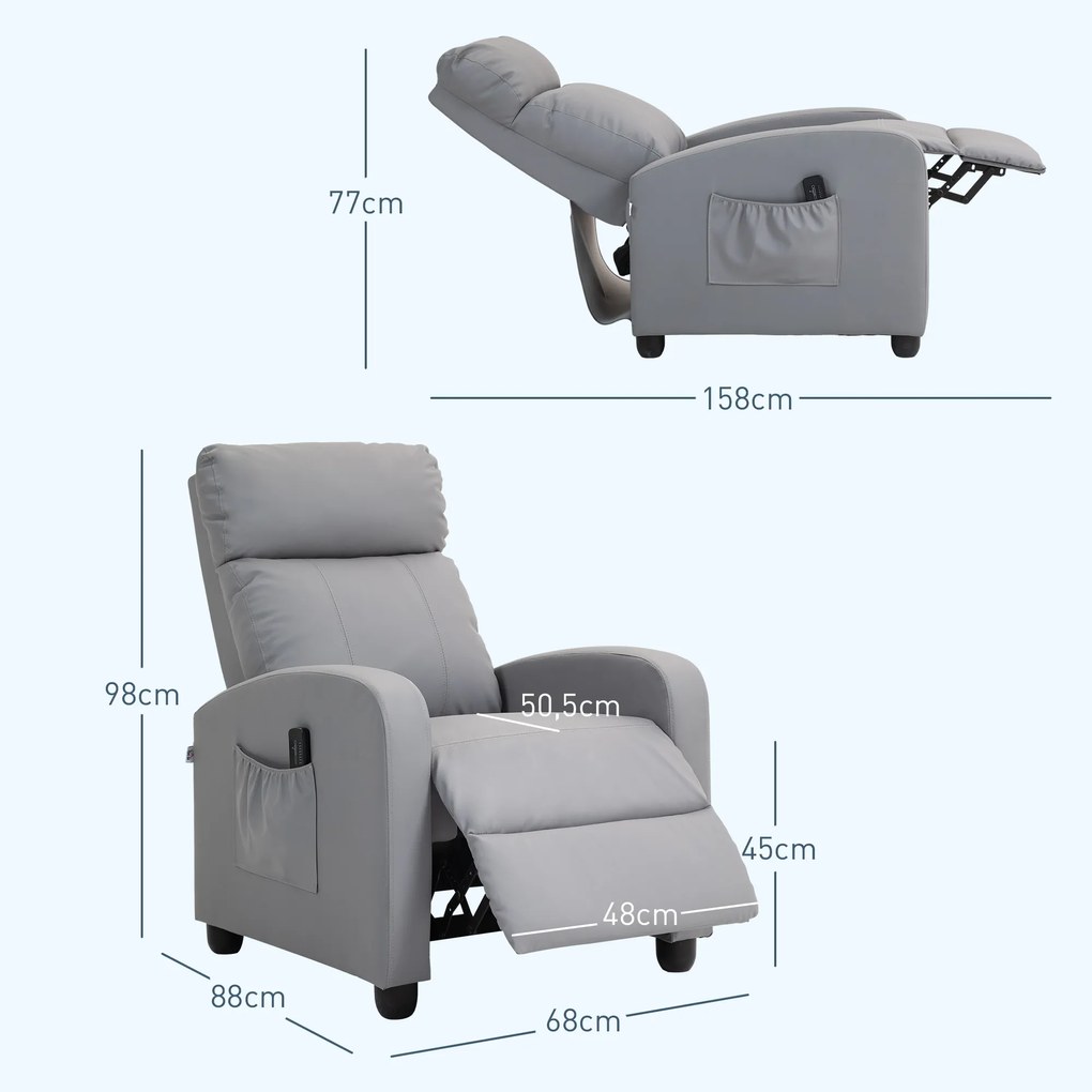 Poltrona de Massagem Reclinável com Controlo Remoto 2 Áreas de Massagem 8 Programas 5 Níveis 68x88x98 cm Cinzento