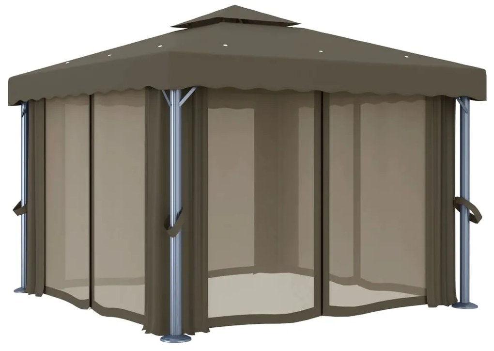 Gazebo com cortinas e cordões de luzes LED 3x3 m cinza-acastan.