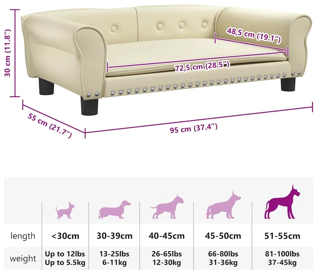 Cama para cães 95x55x30 cm couro artificial cor creme
