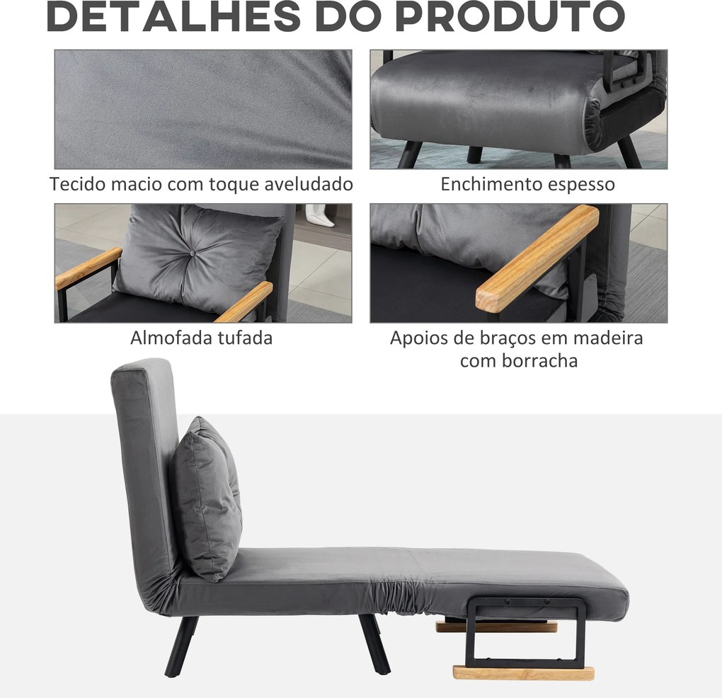 Poltrona Convertível em Cama Poltrona 3 em 1 Convertível em Cama com Encosto Ajustável em 5 Níveis 63x73x81 cm Cinza