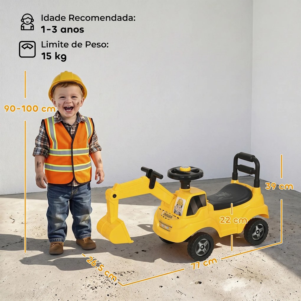Escavadora sem Pedais para Crianças 1-3 Anos com Buzina de Ar Braço Escavador e Arrumação 15 kg Amarelo