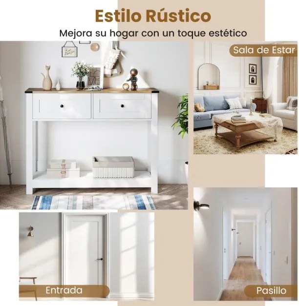 Mesa consola 106 x 30 x 81,5 cm com 2 gavetas e prateleira aberta, estreita, para hall de entrada, corredor ou sala de estar, branca