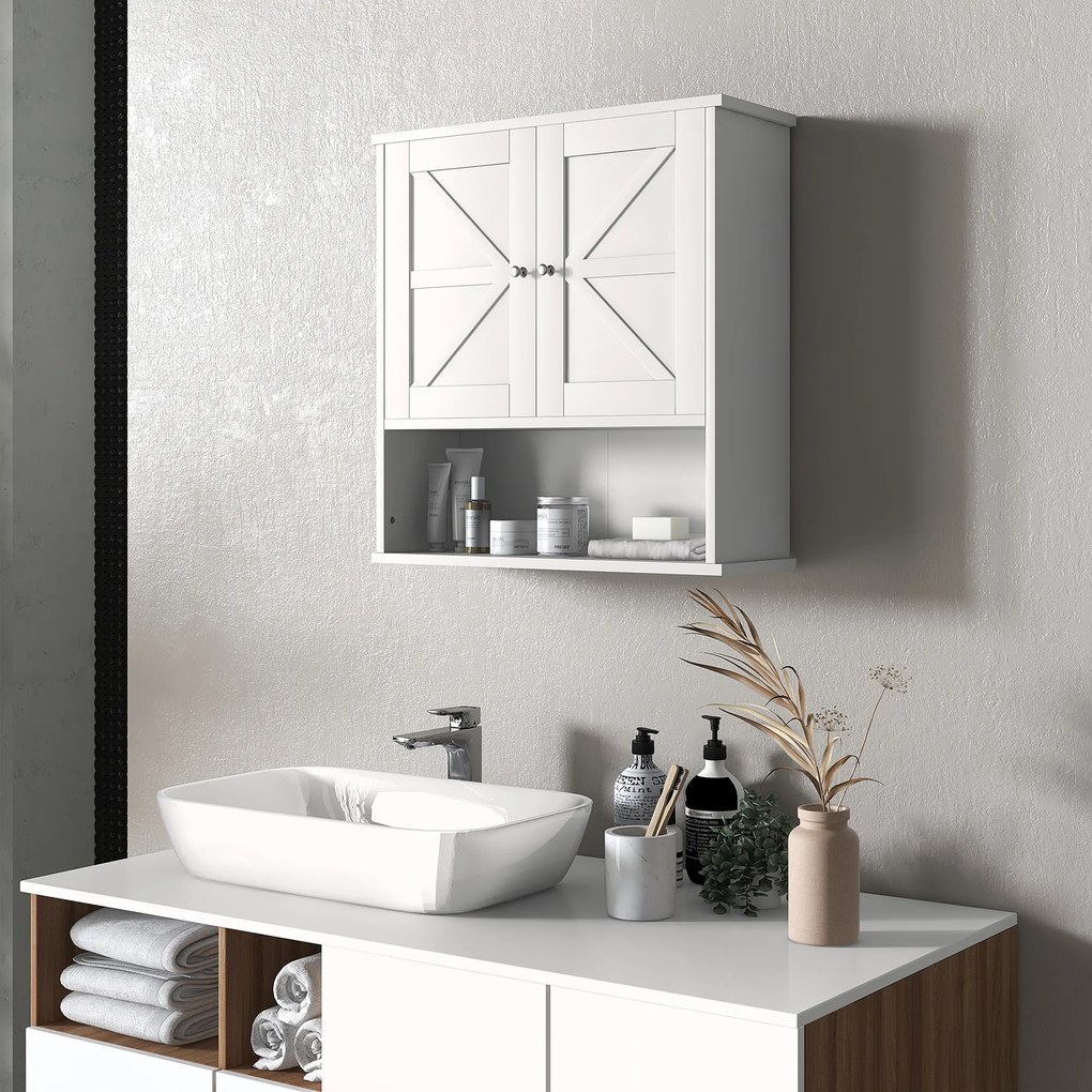 Armário de Parede para Casa de Banho Rústico com Compartimento Prateleira Ajustável 58x20x61,4 cm Branco