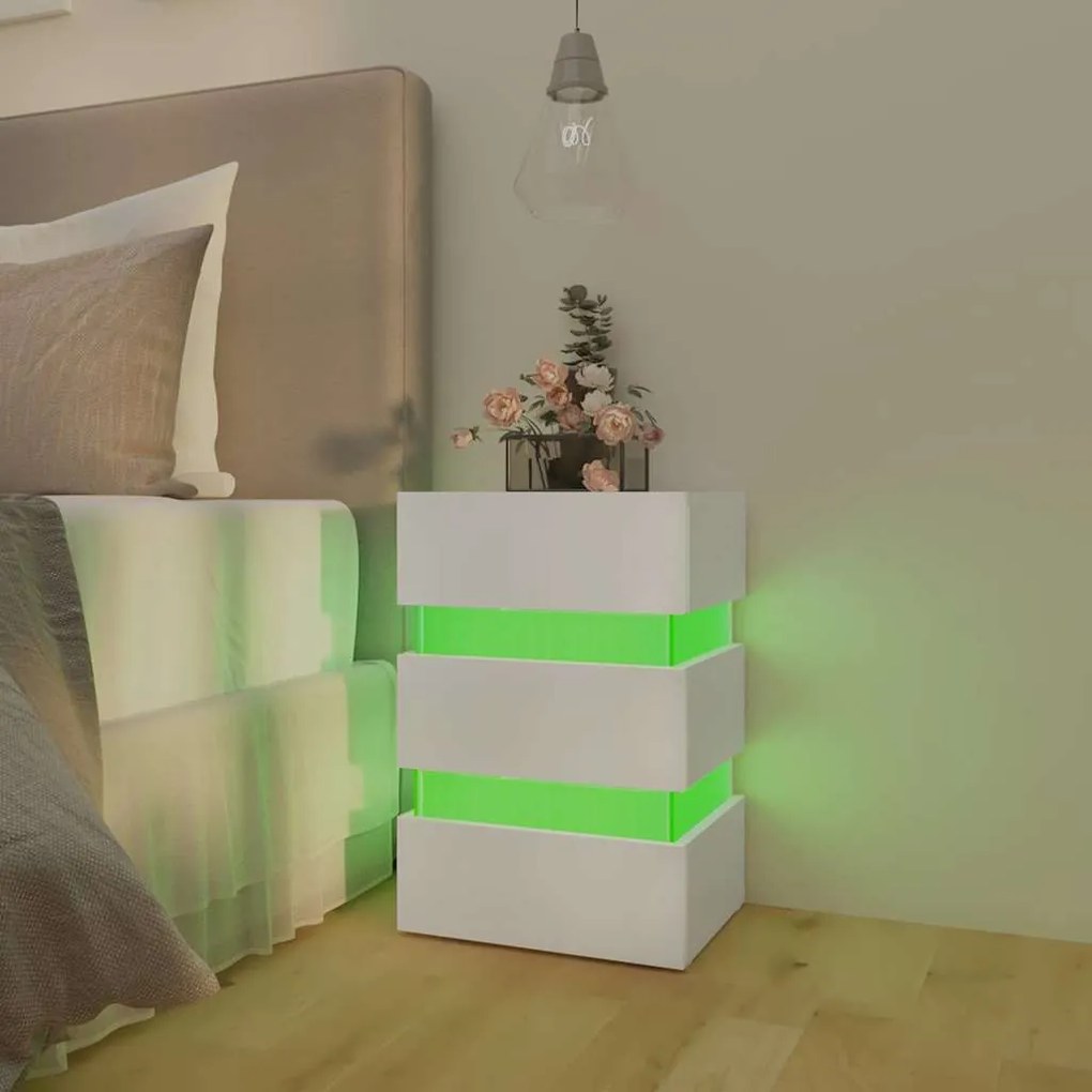 Mesa de cabeceira c/ luzes LED derivados de madeira branco