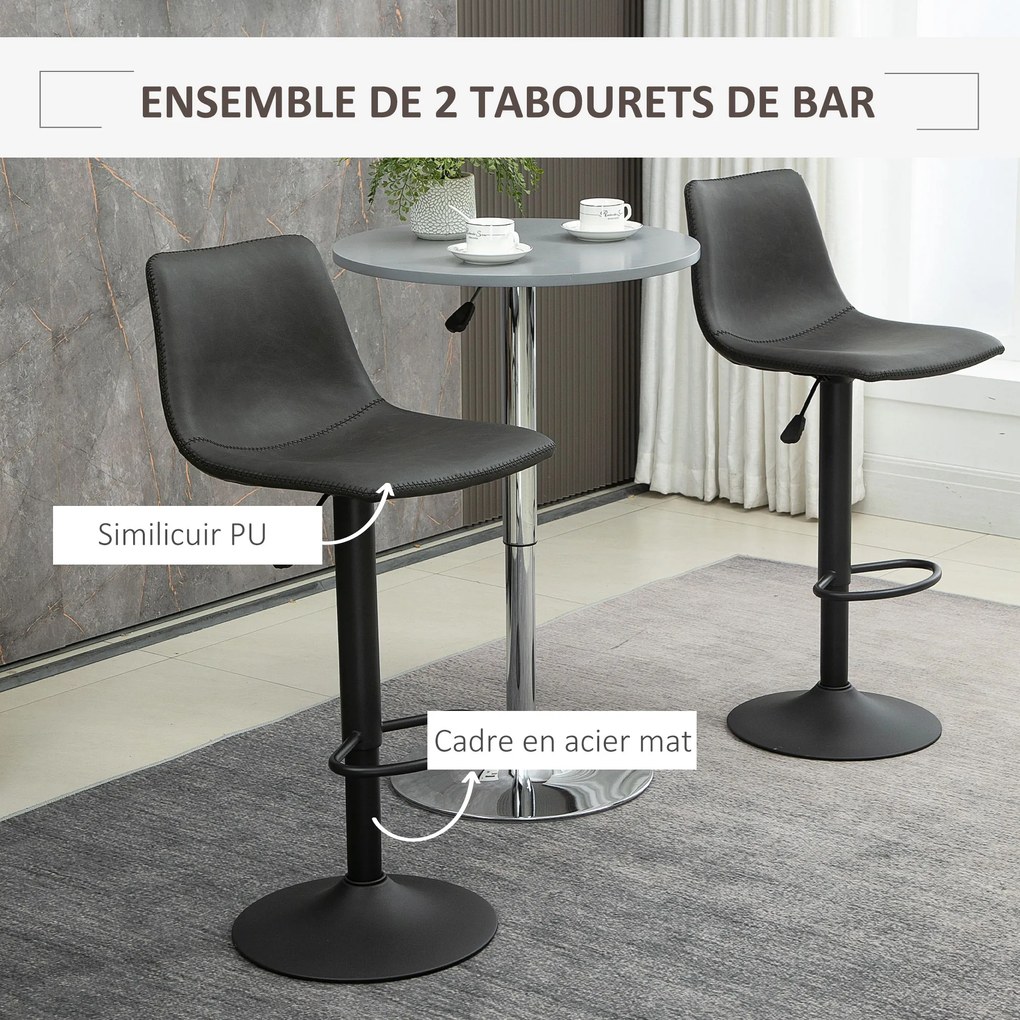 Conjunto de 2 bancos de bar, ajustáveis e giratórios, com apoio para os pés e revestimento sintético - preto - altura ajustável entre 90 e 110 cm