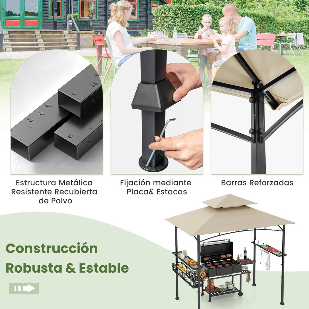 Tenda 242 x 153 cm com 2 estantes laterais, cesto, ganchos e abridor de garrafas; Estrutura metálica para jardim ou pátio, cor bege