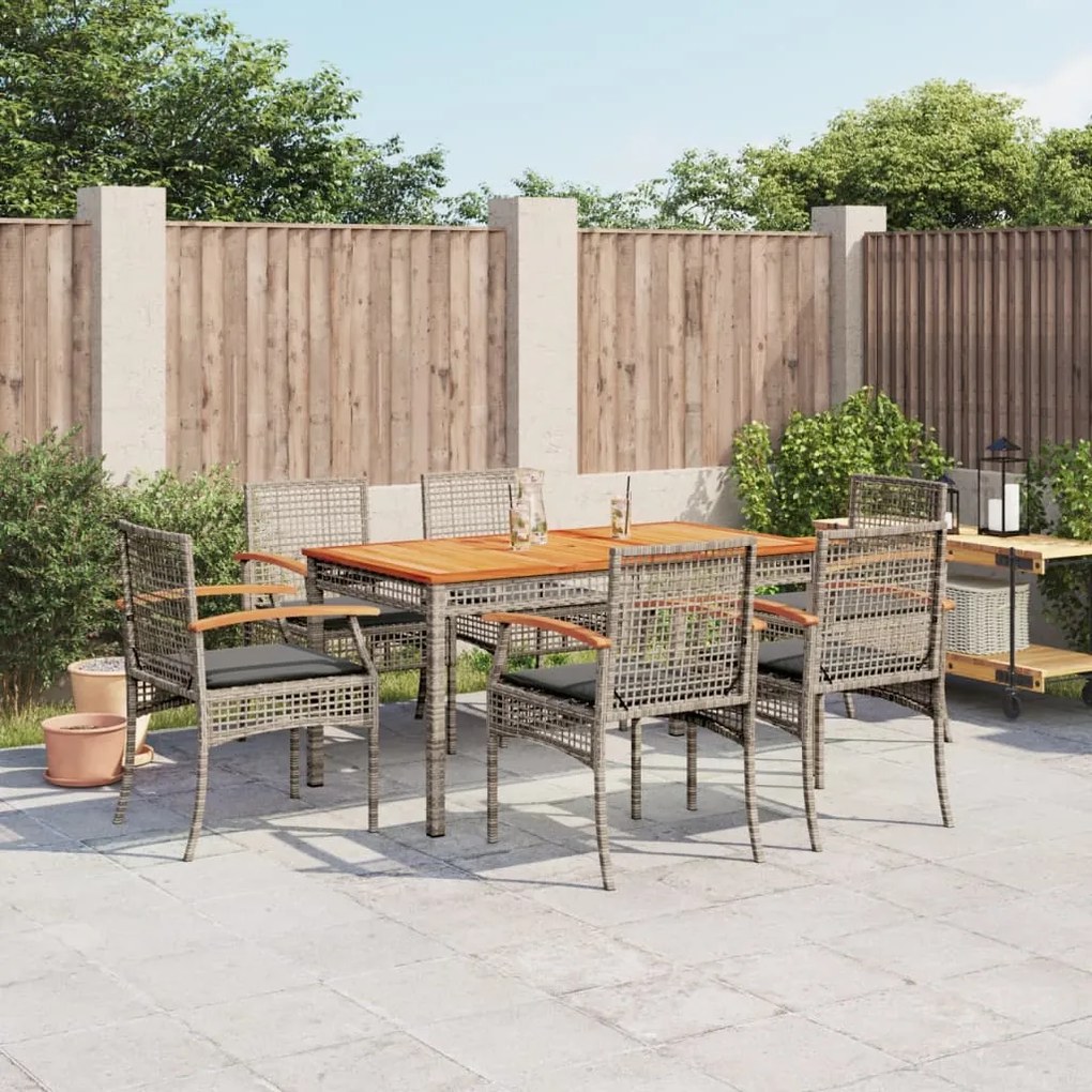 vidaXL 7 pcs conjunto de jantar p/ jardim c/ almofadões vime PE cinza