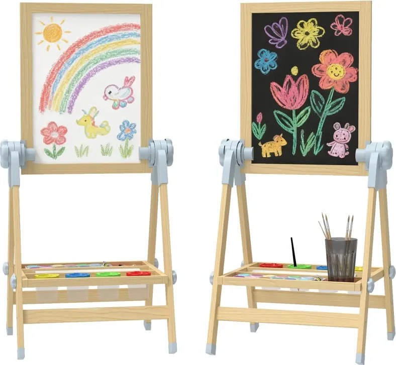 Cavalete Infantil com Altura e Ângulo Ajustáveis Dupla Face Quadro Branco Magnético e de Giz 48,5x46,5x70-97 cm Madeira