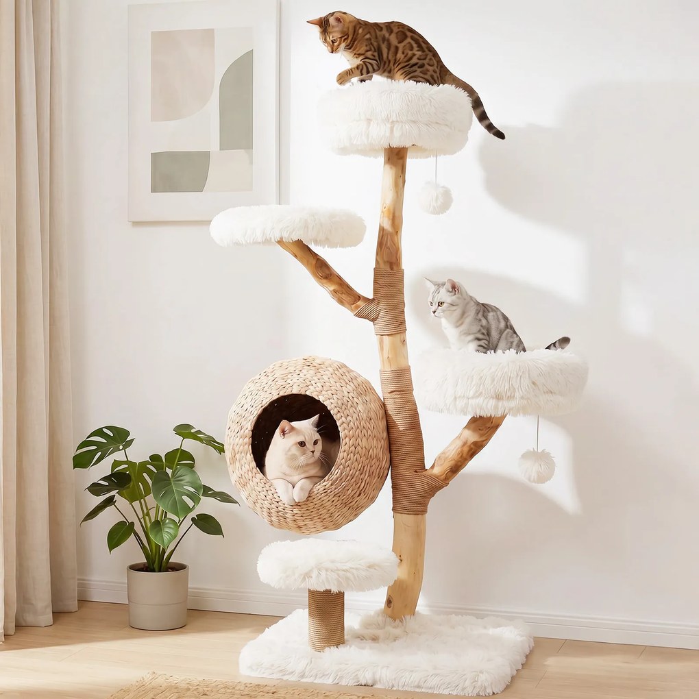 Árvore para Gatos, 59 x 59 x 134 cm, 5 Níveis com Casota, Branco