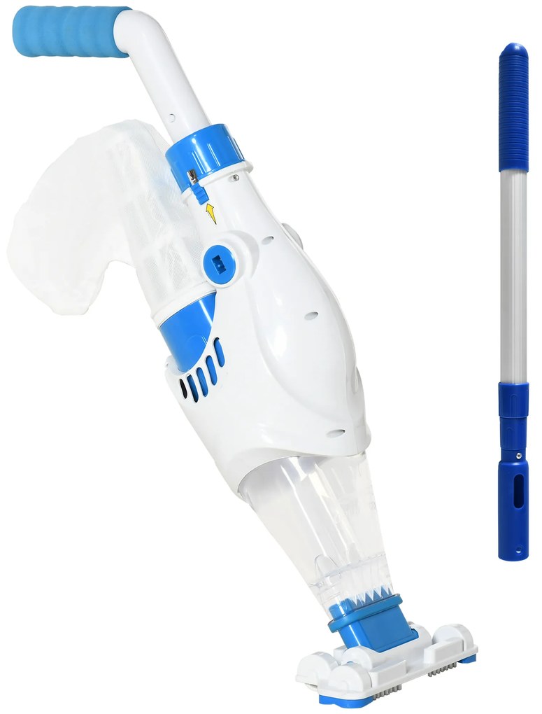 Outsunny Aspirador Limpador para Piscina Elétrico Autonomia de 45 Minutos com Poste Telescópico 54-113cm Escova e Bolsa de Malha para Piscinas Spas 161x20x17cm Azul e Branco