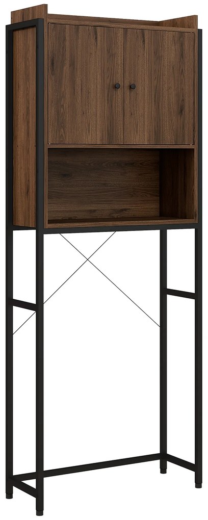 Kleankin Móvel Prateleira Acima Do WC Prateleira para Casa de Banho Armário 2 Portas e Nicho 68x25,5x172,5 cm Marrom Preto | Aosom Portugal