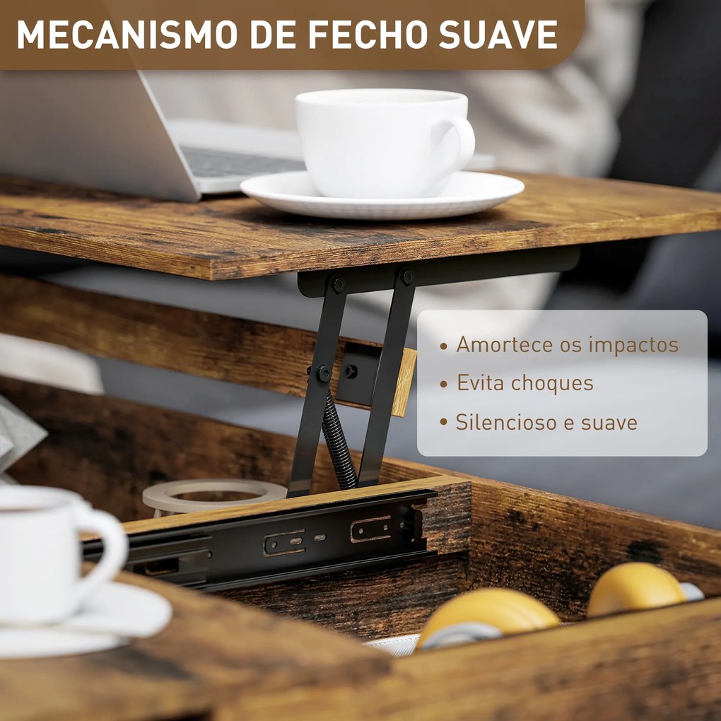 Mesa de Centro Elevatória com Bancada Deslizante Fecho Suave e Espaço Oculto de Arrumação 100x45x67 cm Castanho Rústico