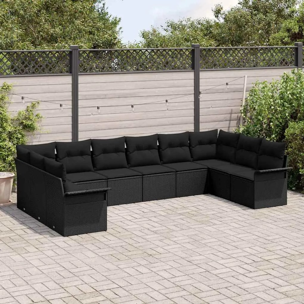 Conjunto de 10 Peças de Sofá de Jardim com Almofadas Preto Vime Poliés