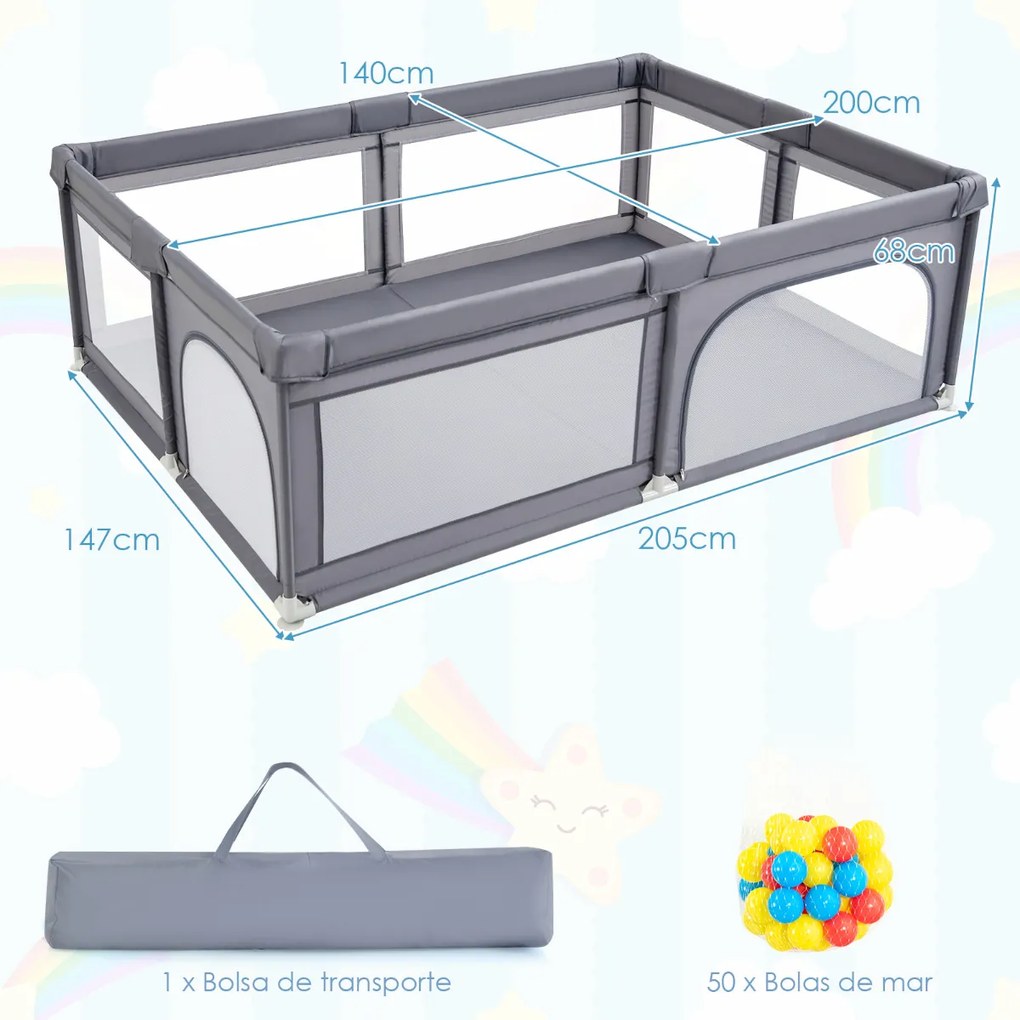 Centro de actividades crianças Parque infantil com bolas para bebés Não tóxico com rede respirável 205 x 147 x 68 cm Cinzento escuro