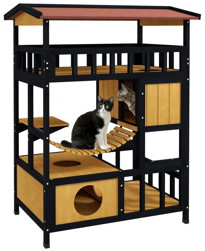 Casa para Gatos de Madeira 84x60x116 cm Abrigo para Gatos de 4 Níveis para Exterior com Ponte Suspensa Varanda Natural