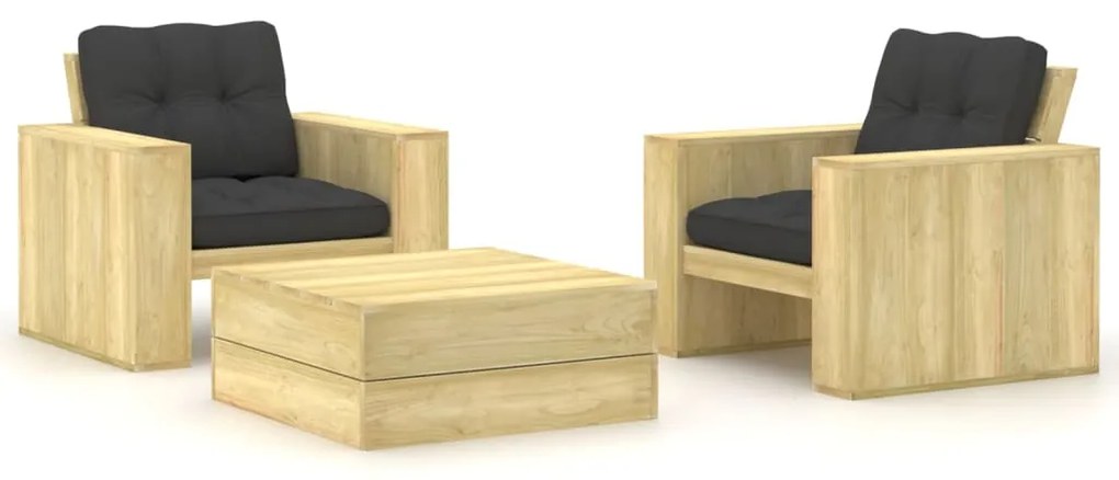 3 pcs conjunto lounge de jardim com almofadões pinho impregnado