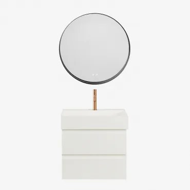 Conjunto De Móvel De Casa De Banho Suspenso Em Madeira E Folha De Freixo Com Lavatório Integrado Ona Branco & Redondo Led - Sklum