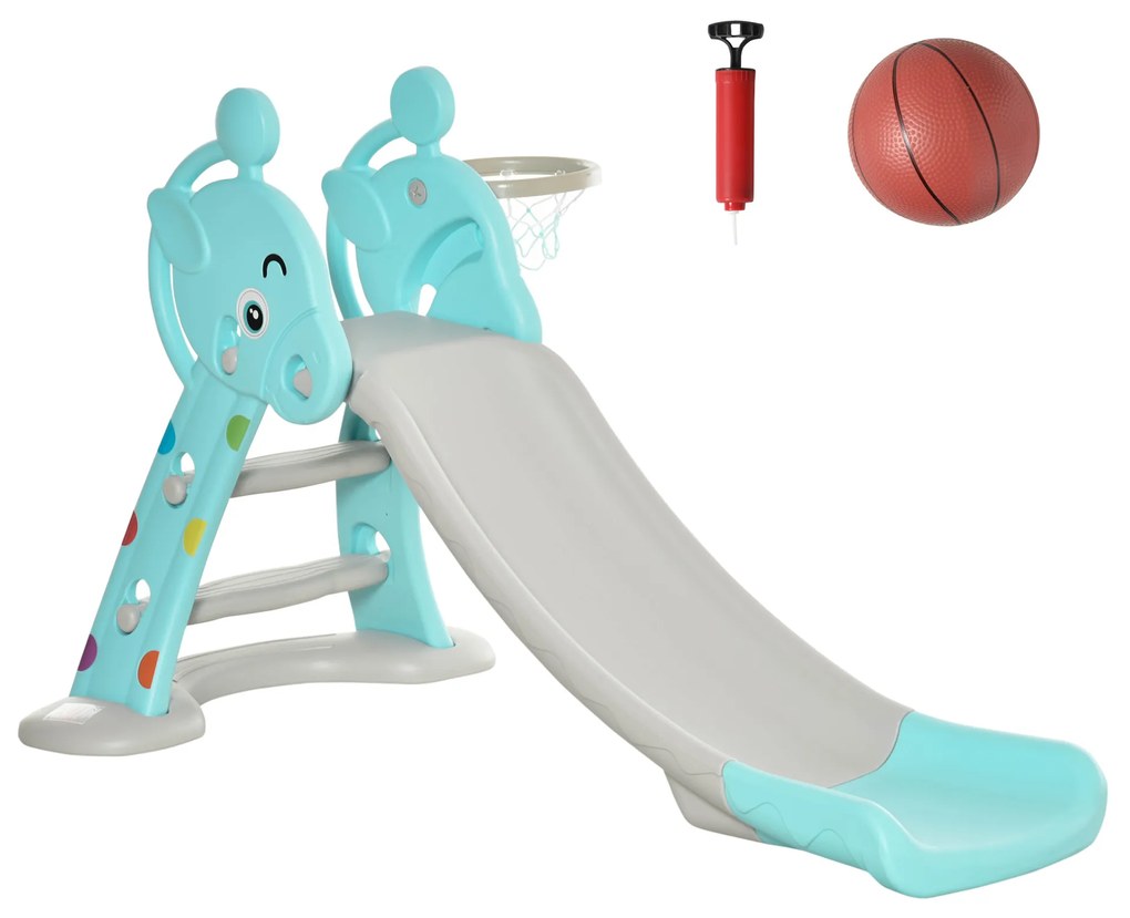 Escorrega Infantil Dobrável com Cesta de Basquetebol para Crianças acima de 18 meses Modelo Girafa para Interiores e Exteriores 140x87x75cm Azul e Cin