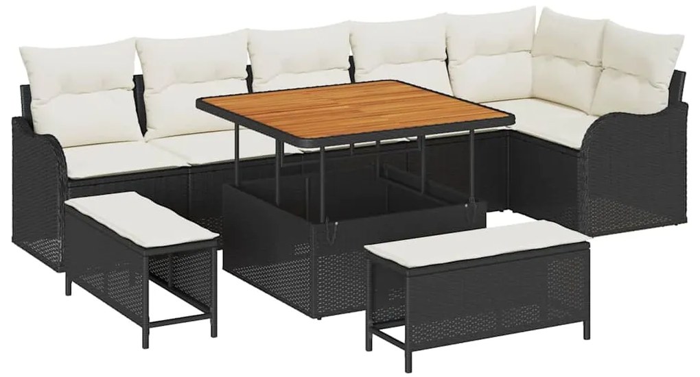 Conjunto de Sofá de Jardim de 9 Peças com Almofadas - Preto, Poliratan