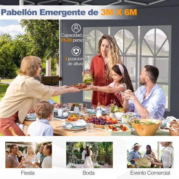 Tenda 600 x 300 cm pop-up com 6 paredes laterais removíveis para festas, casamentos, eventos com bolsa Cinzenta