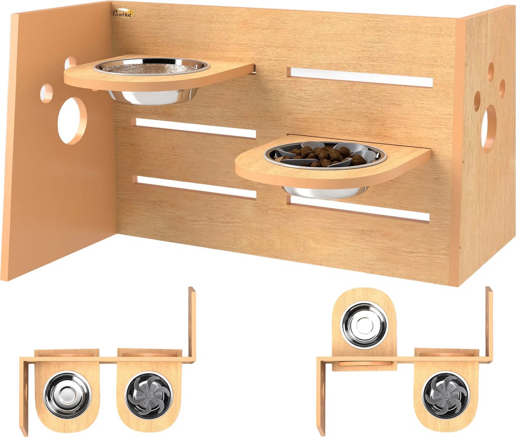 Comedouro elevado para cães com 3 alturas ajustáveis 63 x 58,5 x 40 cm, comedouro para cães com 2 tigelas em aço inoxidável, em cor carvalho