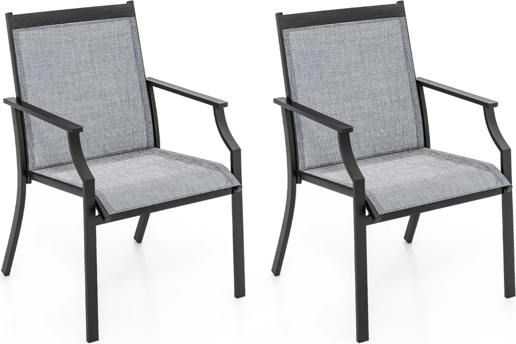 Conjunto de 2 cadeiras de jardim com assento respirável Estrutura metálica Costas altas e apoios de braços ergonómicos Cinzento