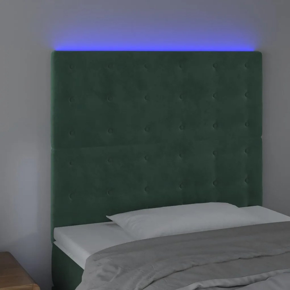 Cabeceira de cama c/ LED veludo 80x5x118/128 cm verde-escuro