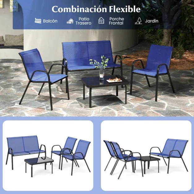 Conjunto de jardim exterior de 4 peças Mesa de café em vidro temperado Banco e 2 cadeiras individuais Tecido Textilene Mesa e cadeiras azuis