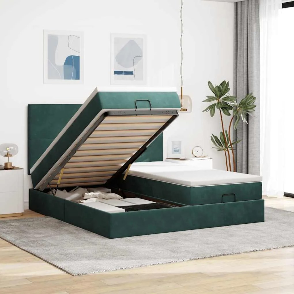 vidaXL Estrutura de cama otomana com colchão verde escuro veludo