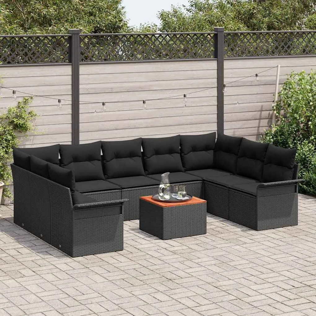 Conjunto de Sofás de Jardim com 10 peças e Almofadas Rattan Poly Preto