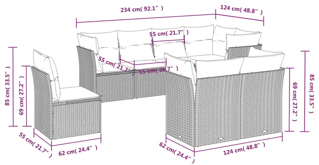 8 pcs conjunto sofás de jardim c/ almofadões vime PE cinzento