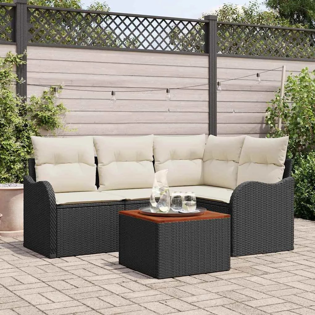 vidaXL Conjunto de Sofá de Jardim com 5 Peças e Almofadas em Rattan Preto Acácia