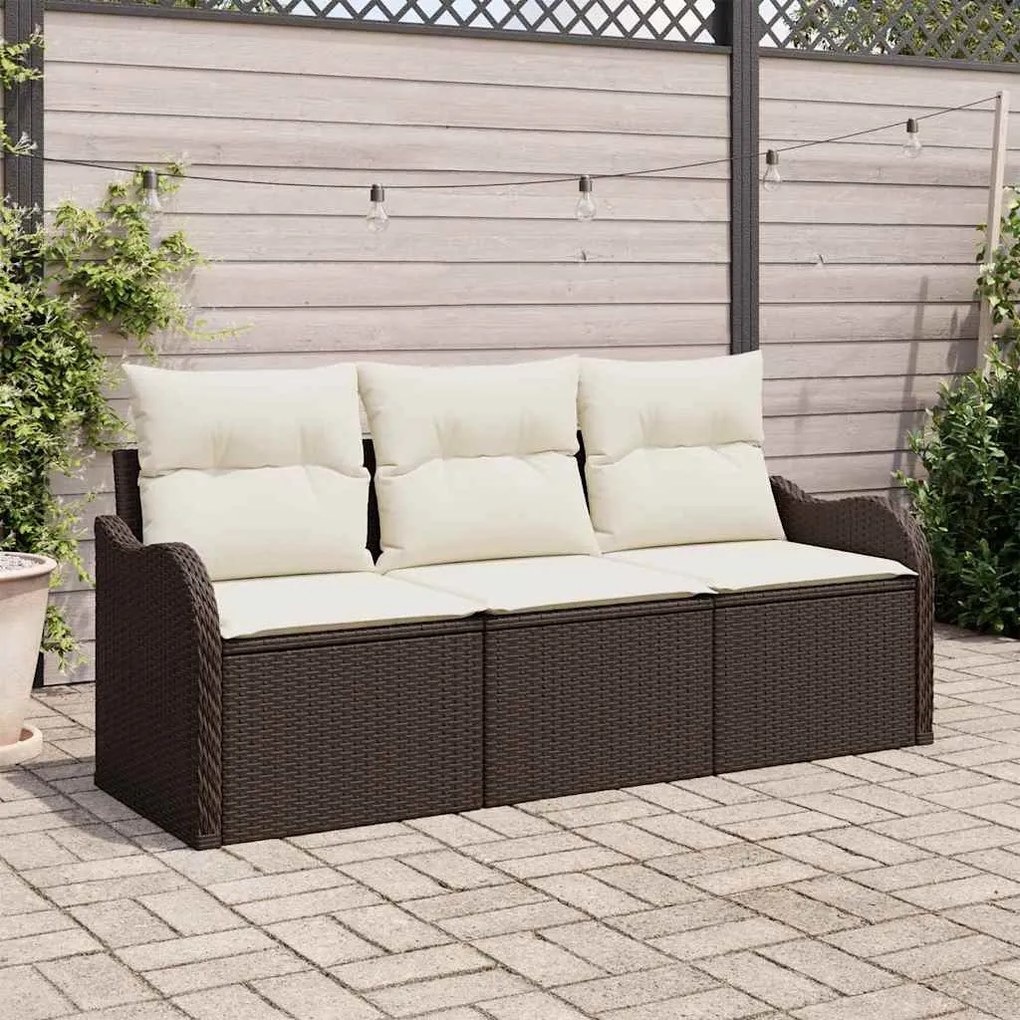 Conjunto de Sofá de Jardim de 3 Peças com Almofadas Marrom Poliratan