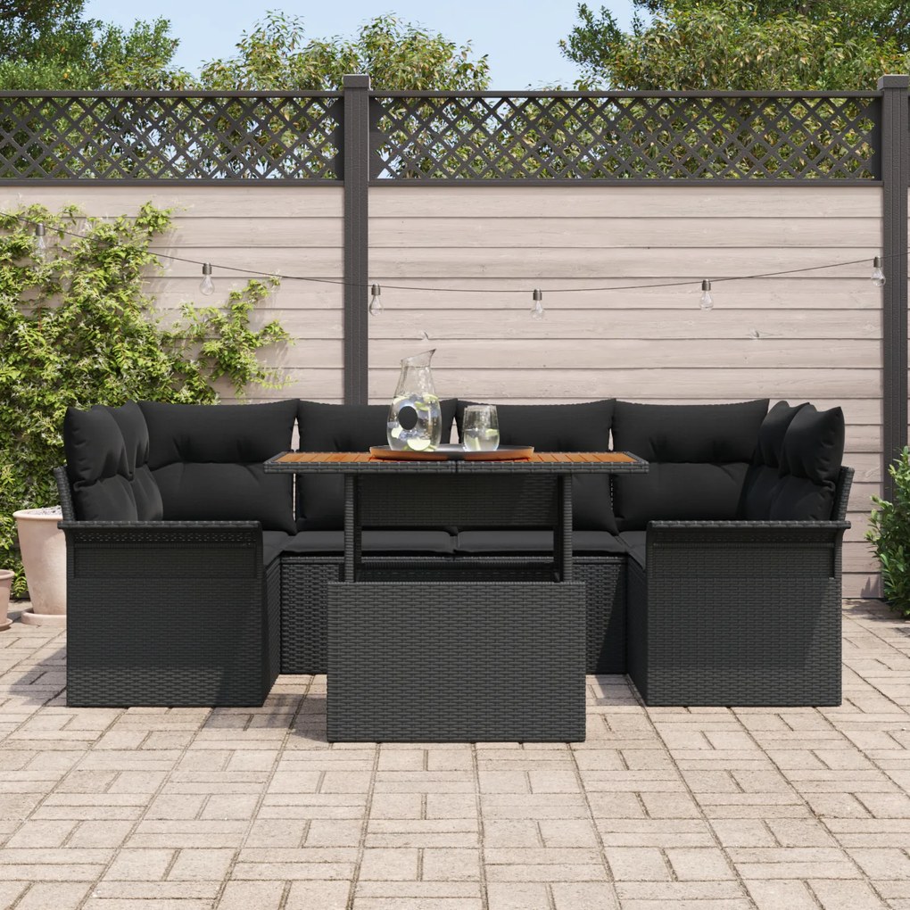 Conjunto de Sofá de Jardim vidaXL de 7 Peças com Almofadas Preto Vime