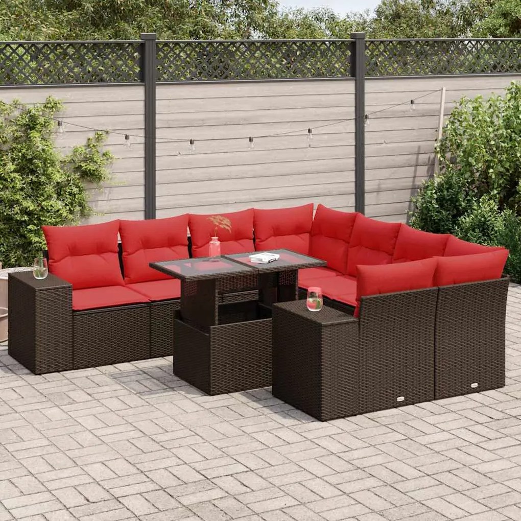 vidaXL 9 pcs conj. sofás jardim c/ almofadões vime PE/acácia castanho