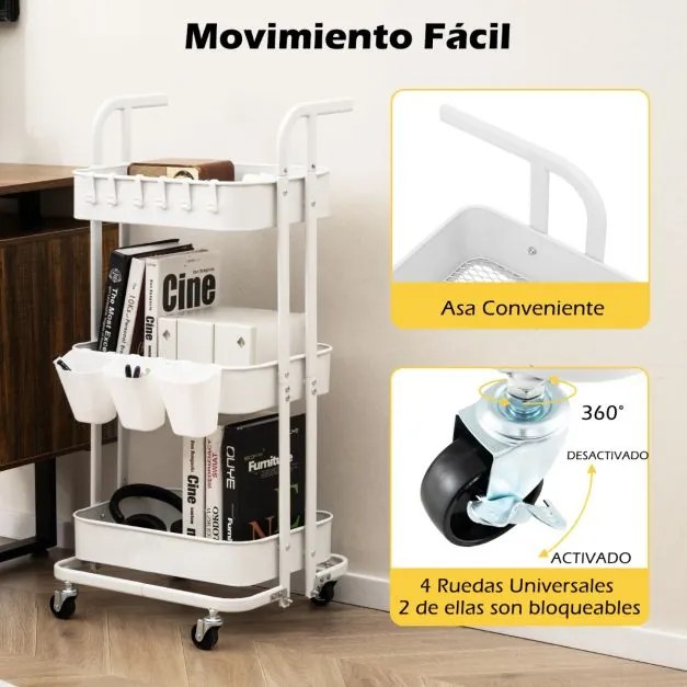 Carrinho de arrumação dobrável de 3 níveis com 3 copos suspensos e 6 ganchos Rodas Carrinho utilitário móvel para cozinha e escritório Branco
