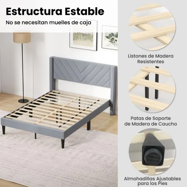 Estrutura de cama de casal 211 x 155 x 105 cm com estrado ripas de madeira (COLCHÃO NÃO INCLUIDO), cabeceira e 4 pés centrais em madeira de borracha