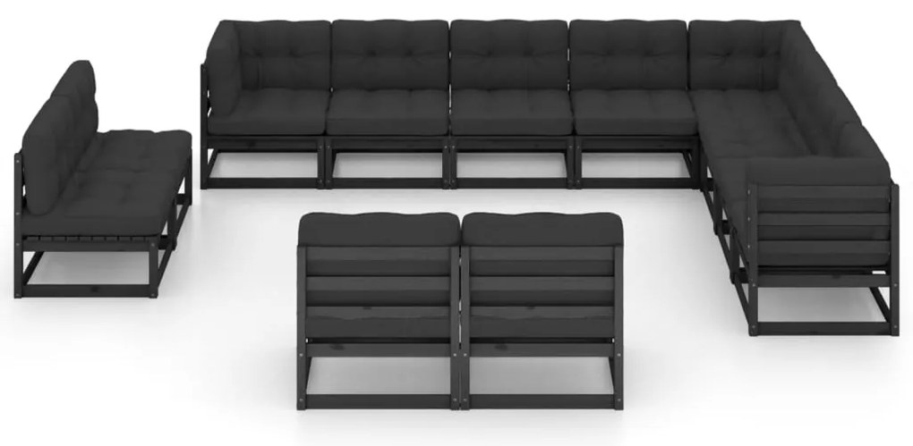 12 pcs conjunto longue jardim c/ almofadões pinho maciço preto