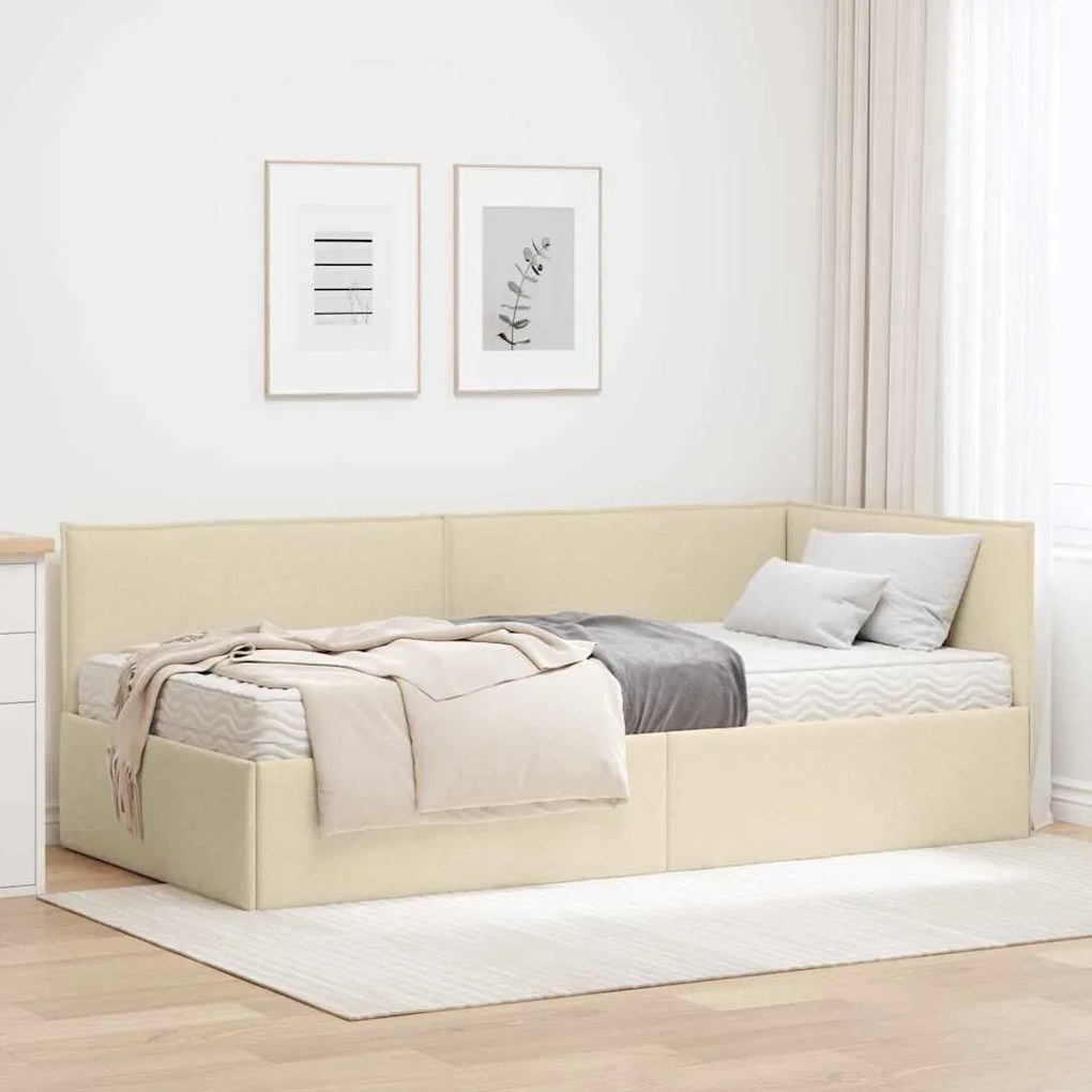 vidaXL Estrutura de Cama de Canto com Colchão 2 pcs Creme Veludo