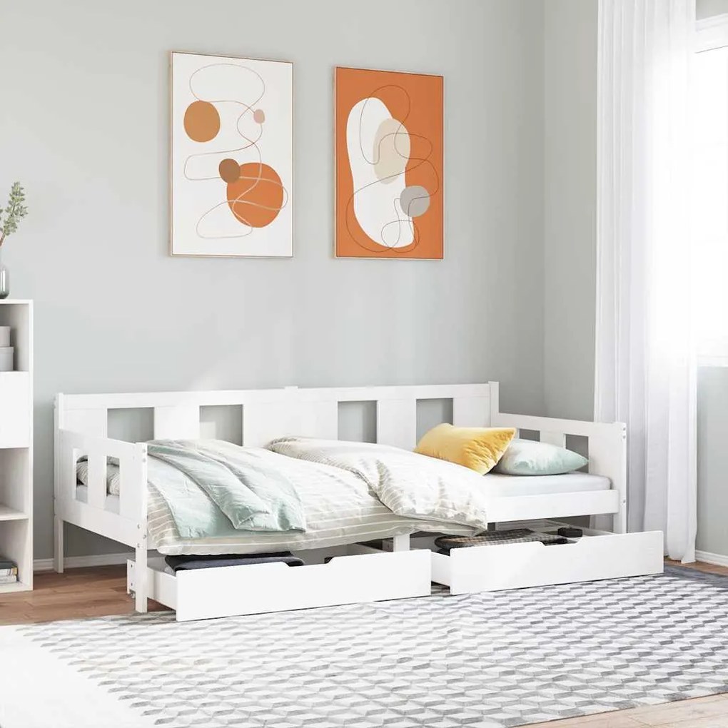 Sofá-cama c/ gavetas 90x190 cm madeira de pinho maciça branco