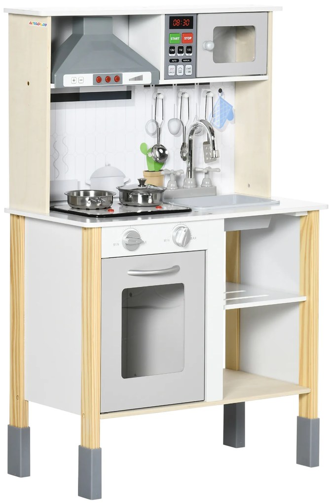 AIYAPLAY Cozinha Infantil de Madeira Cozinha para Crianças acima de 3 Anos com Altura Ajustável Luz Sons Lavatório Fogão Forno 60x30,5x93,2cm Branco e