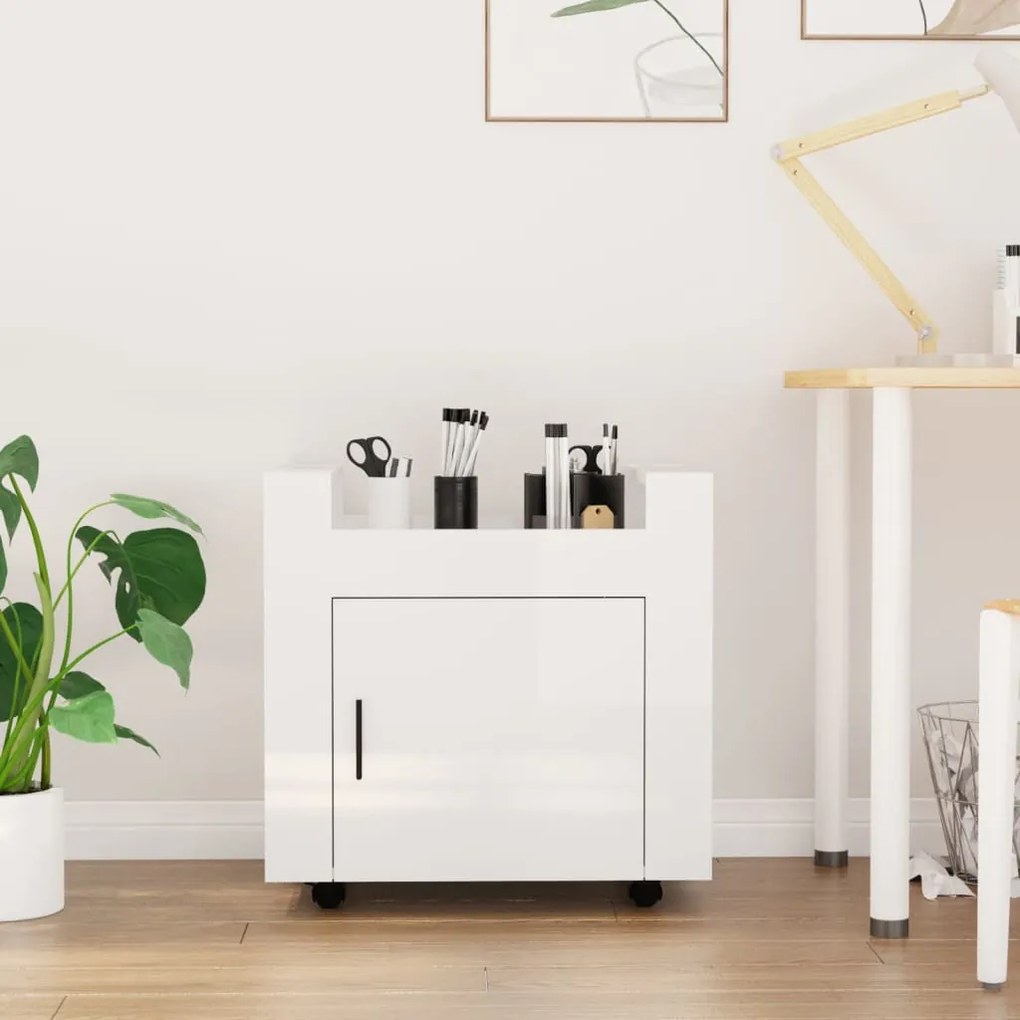 vidaXL Carrinho secretária 60x45x60cm deriv. madeira branco brilhante