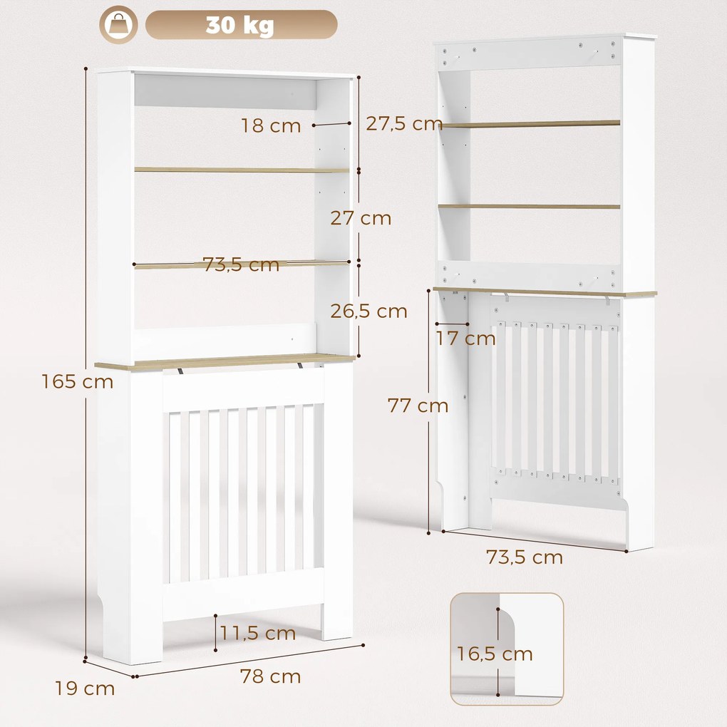 Cobertura para Radiadores em Ripas com 3 Prateleiras, Cobertura de Radiador Moderna em MDF para Sala de Estar, 78x19x165 cm, Branco