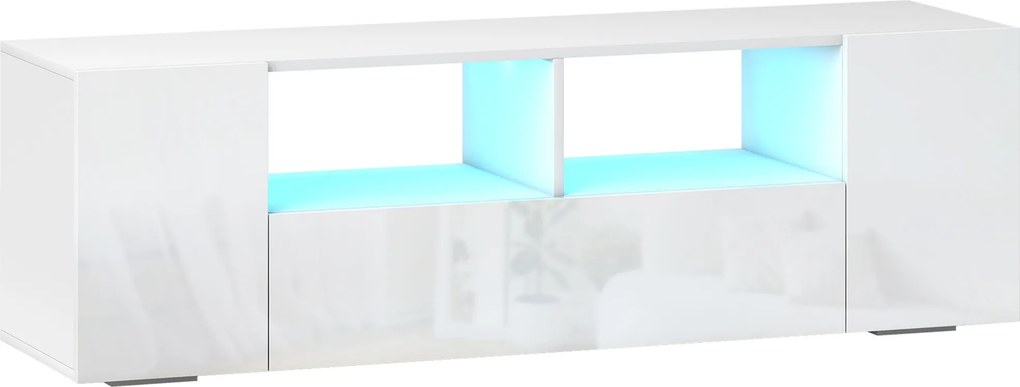 HOMCOM Móvel de TV, banco de TV, móvel para televisão, até 152,4 cm, com luzes LED, 2 prateleiras e armários, painel de porta brilhante, 137 x 35 x 42 cm, branco | Aosom Portugal