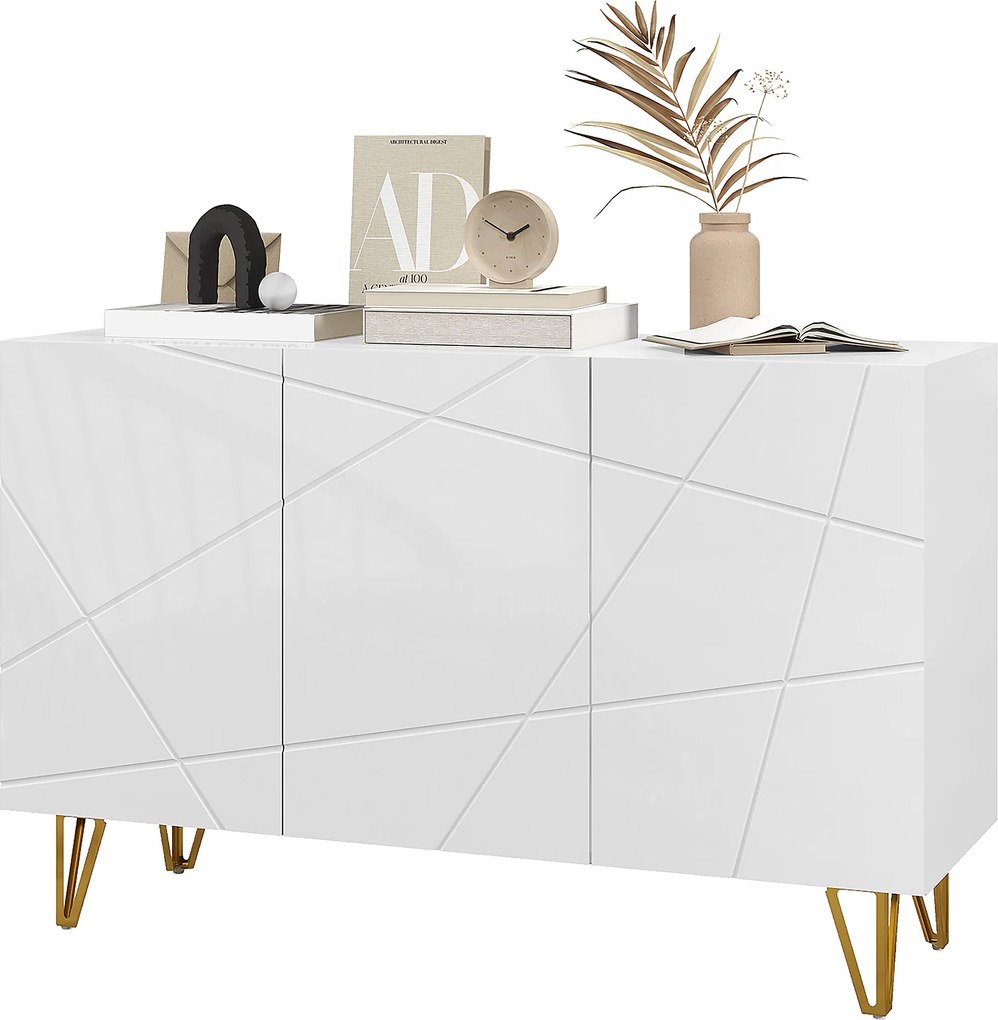 Aparador para Sala Aparador de Entrada com 3 Portas e Prateleiras Ajustáveis para Cozinha Sala 120x40x75 cm Branco Brilhante