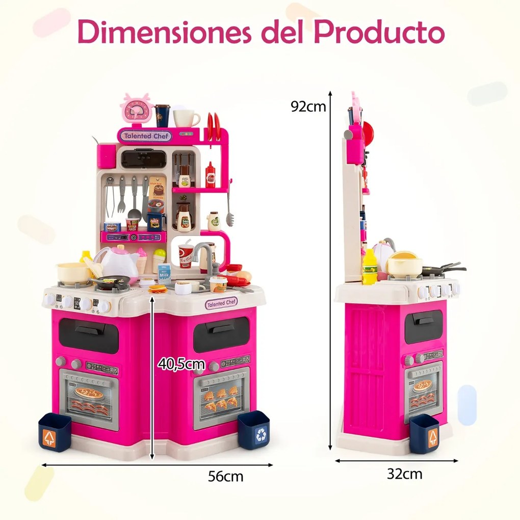 Cozinha de Brincar para crianças de canto com luzes e sons realistas Fogão com vapor Pia de brinquedo e 113 acessórios Rosa