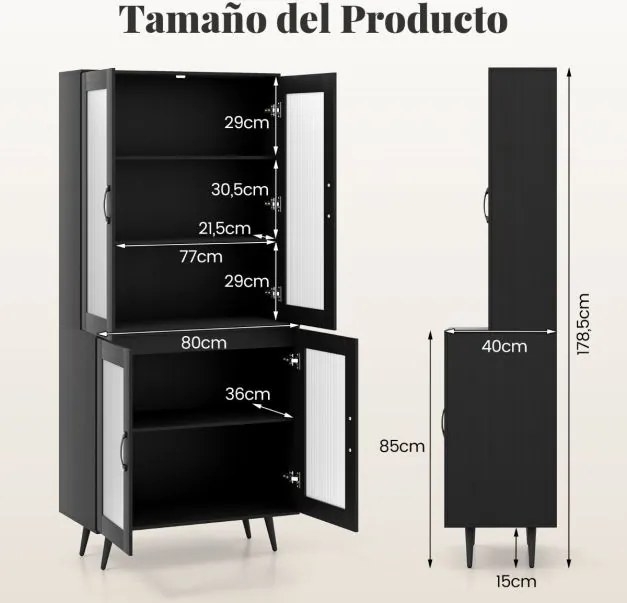 Armário despensa de cozinha 80 x 40 x 178,5 cm, com 4 portas transparentes e prateleira ajustável preta